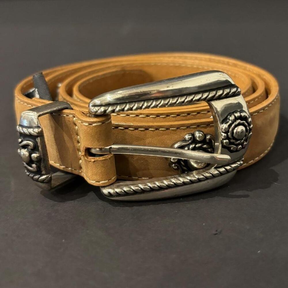 Brighton tan leather belt with silver buckle and decorative studs- Size L